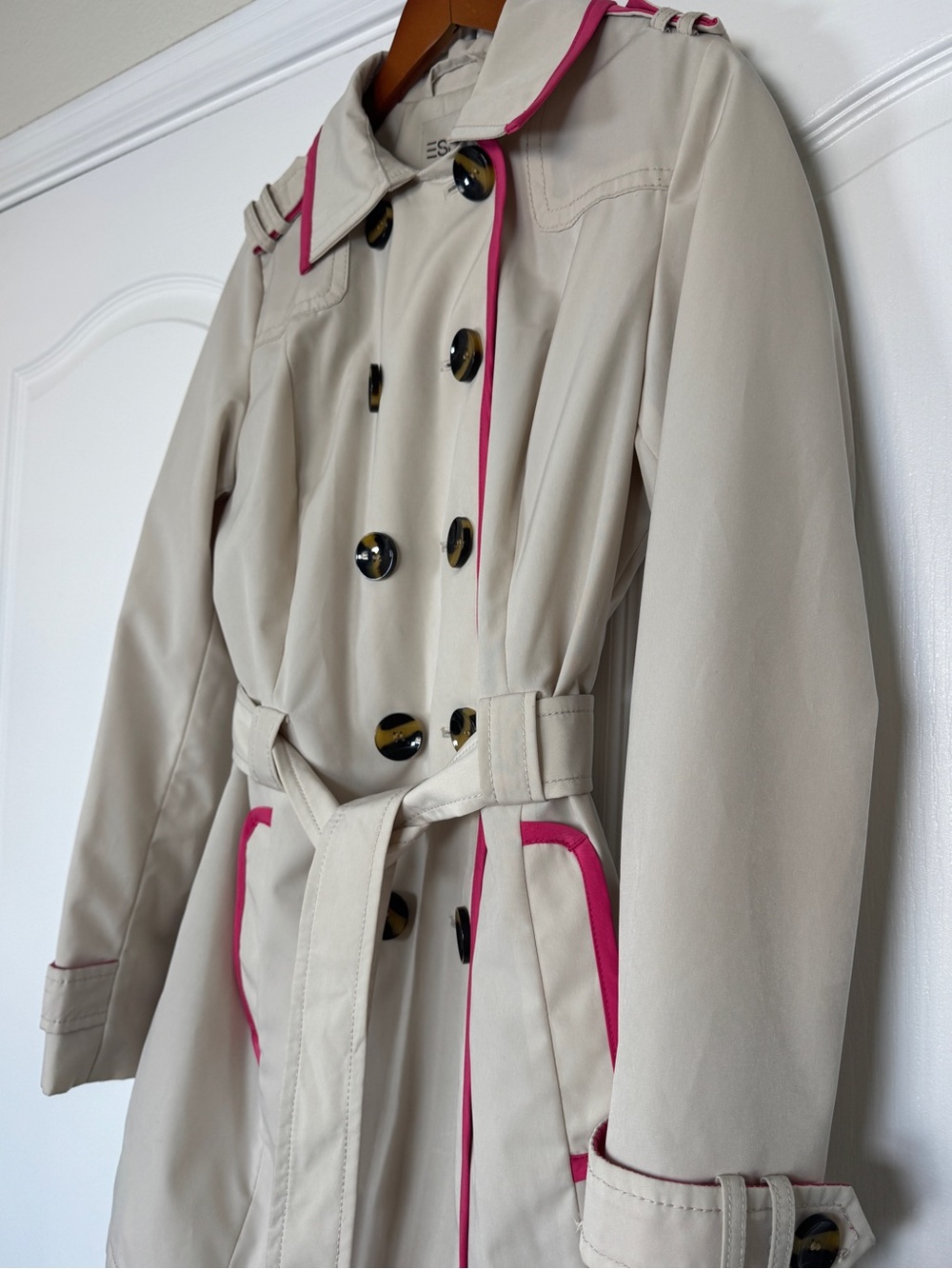 Esprit Y2K Beige Hot Pink Trim Belted Double Breasted Trench Coat Small - Picture 3 of 14